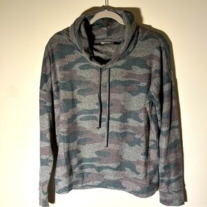 NWT Maurice’s cowl neck, camo sweater, polyester and spandex blend, size medium
